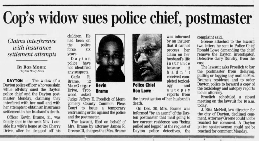 Dayton Daily News article titled Cop’s widow sues police chief, postmaster