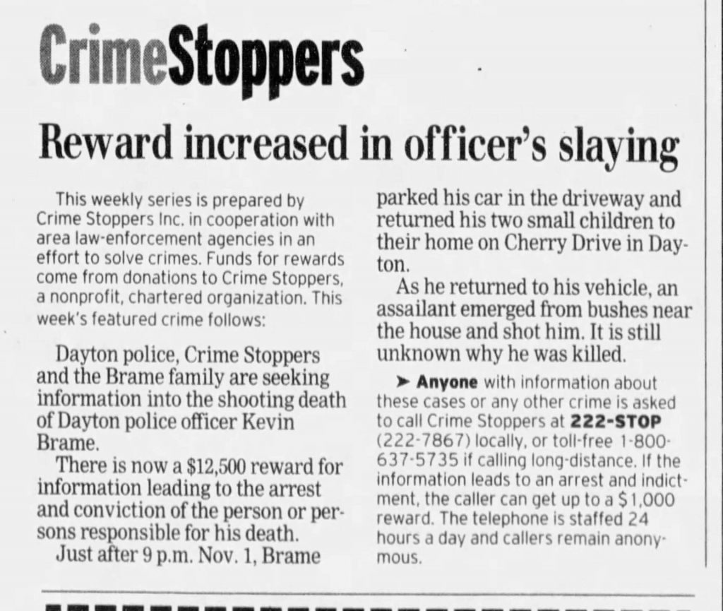 Dayton Daily News article titled Reward has grown to $12,500 for information in slaying of officer