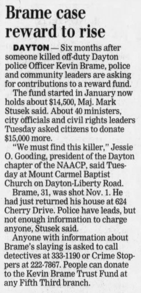 Dayton Daily News article titled Brame case reward to rise