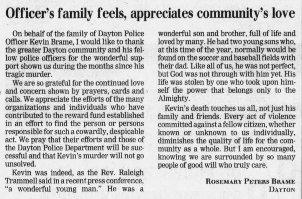 Dayton Daily News article titled Officer’s family feels, appreciates community’s love