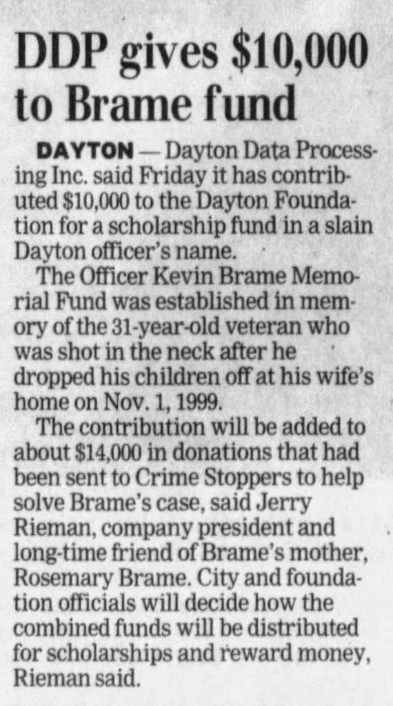 Dayton Daily News article titled Dayton Data Processing, Inc. gives $10,000 to Brame fund