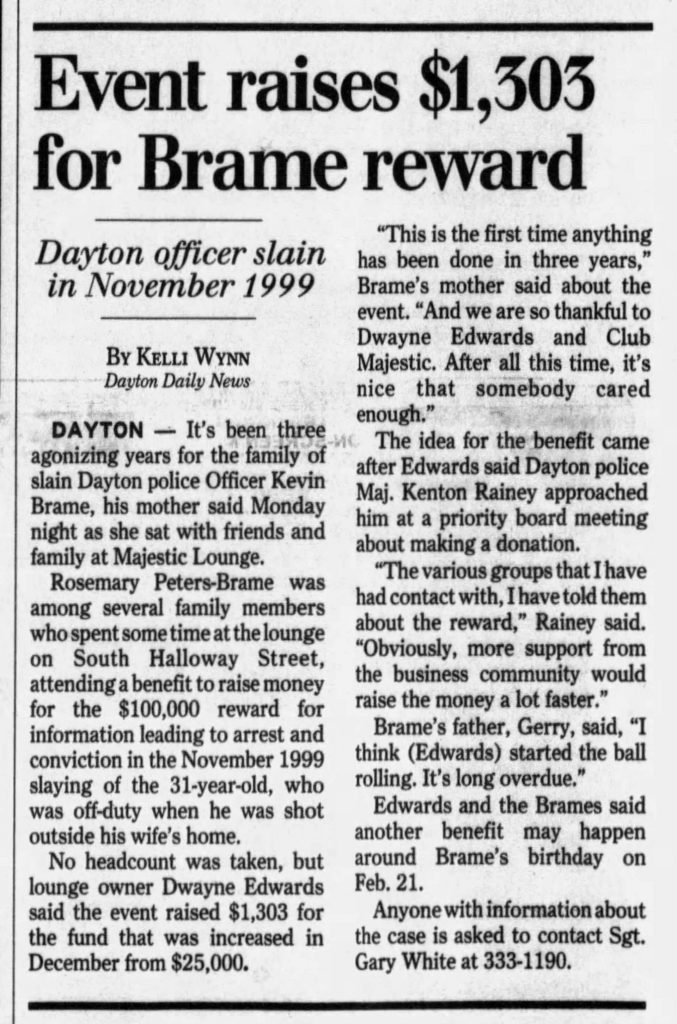 Dayton Daily News article titled Event raises $1,303 for Brame reward