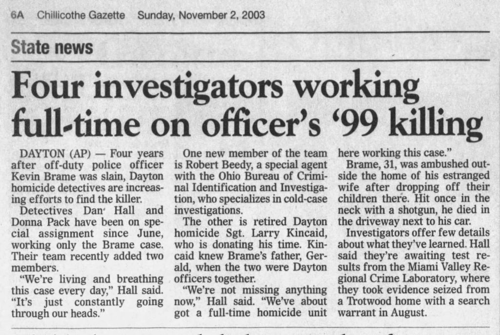 Chillicothe Gazette article titled Four investigators working full-time on officer’s ‘99 killing
