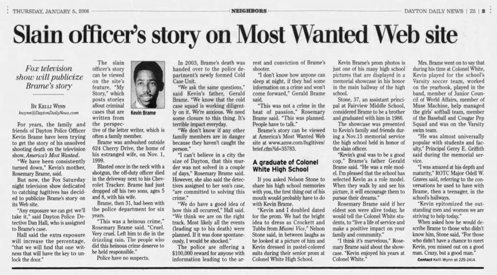 Dayton Daily News article titled Slain officer’s story on Most Wanted Website 2006