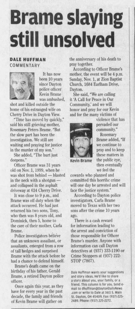 Image of article titled "Brame slaying still unsolved" from Dayton Daily News