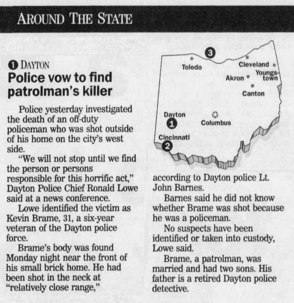 Image of article titled "Police vow to find patrolman’s killer" from The Akron Beacon Journal
