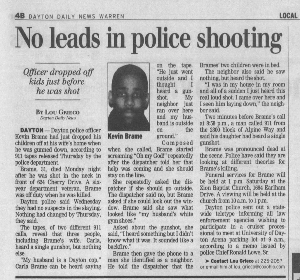 Image of article titled "No leads in police shooting" from Dayton Daily News