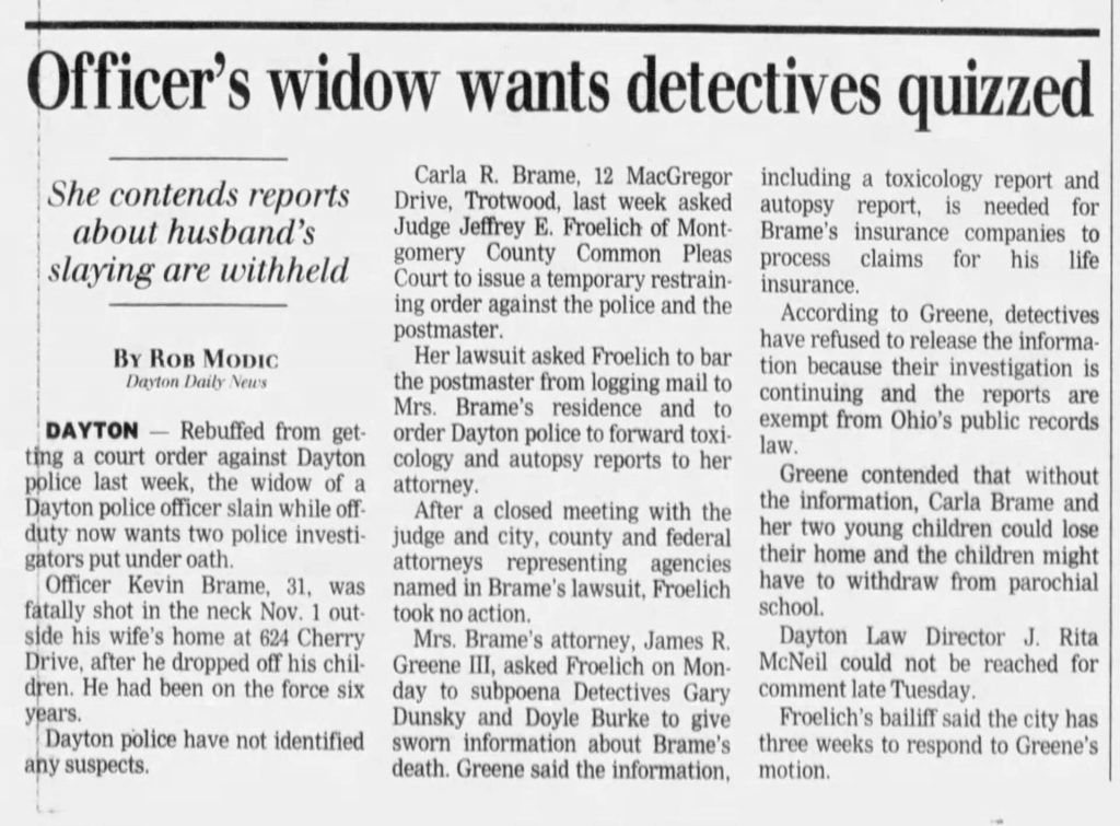 Image of article titled "Officer’s widow wants detectives quizzed" from Dayton Daily News