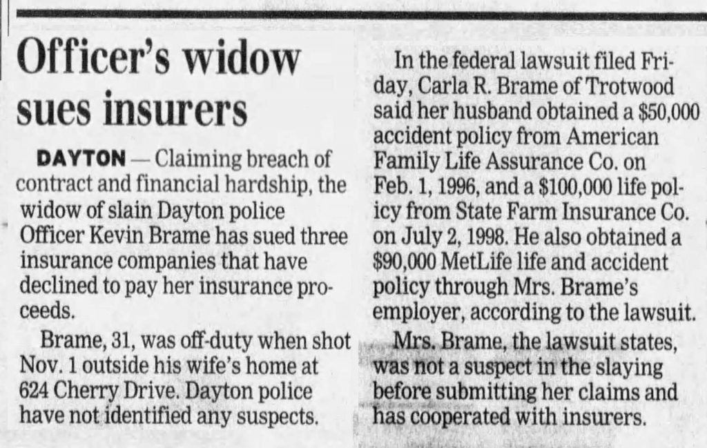 Image of article titled "Officer’s widow sues insurers" from Dayton Daily News