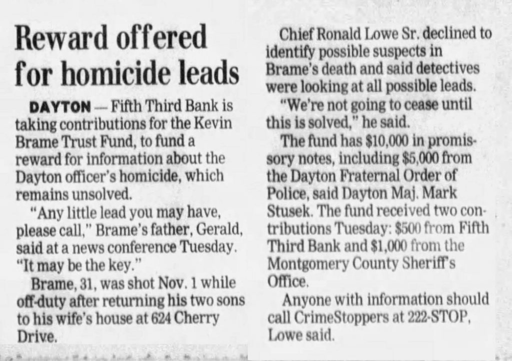 Image of article titled "Reward offered for homicide leads" from Dayton Daily News
