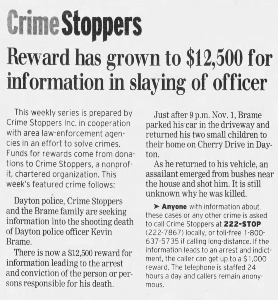 Image of article titled "Reward increased in officer’s slaying" from Dayton Daily News