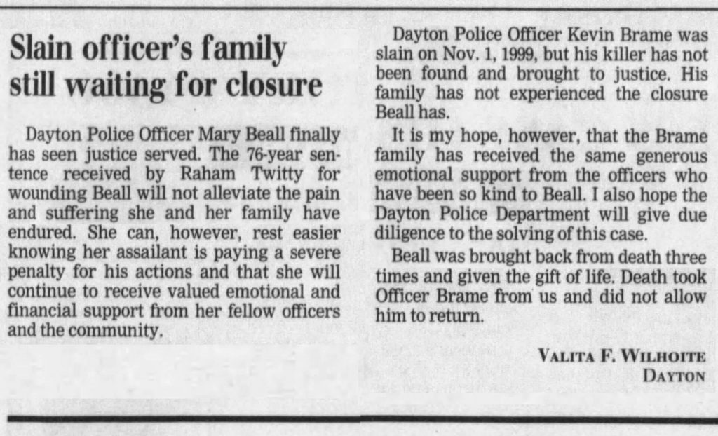 Image of article titled "Slain officer’s family still waiting for closure" from Dayton Daily News