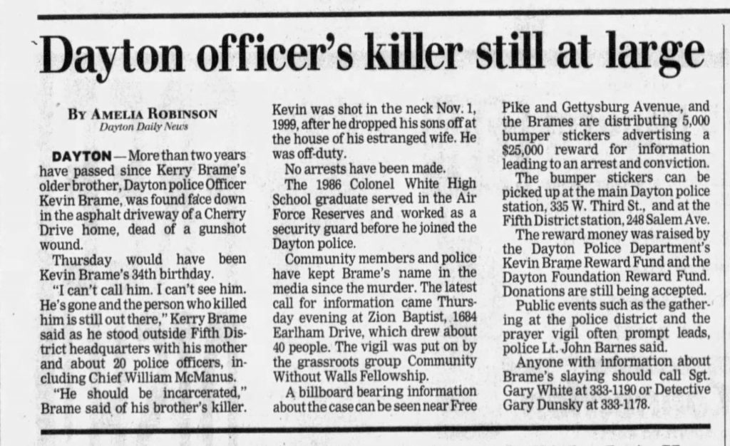 Image of article titled "Dayton officer’s killer still at large" from Dayton Daily News