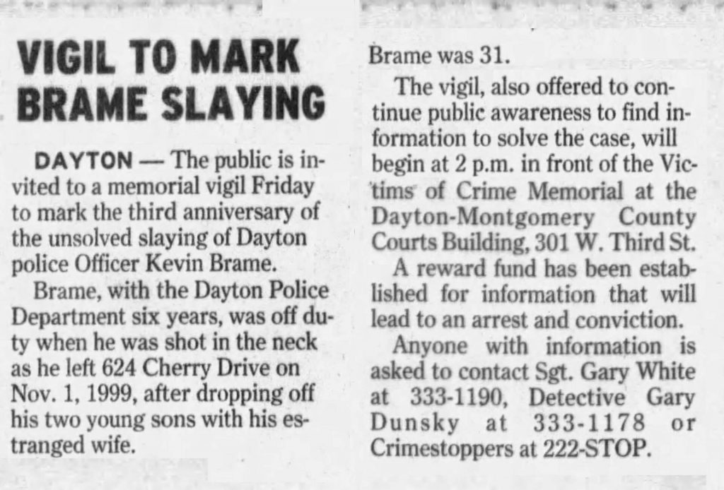 Image of article titled "Vigil to mark Brame slaying" from Dayton Daily News