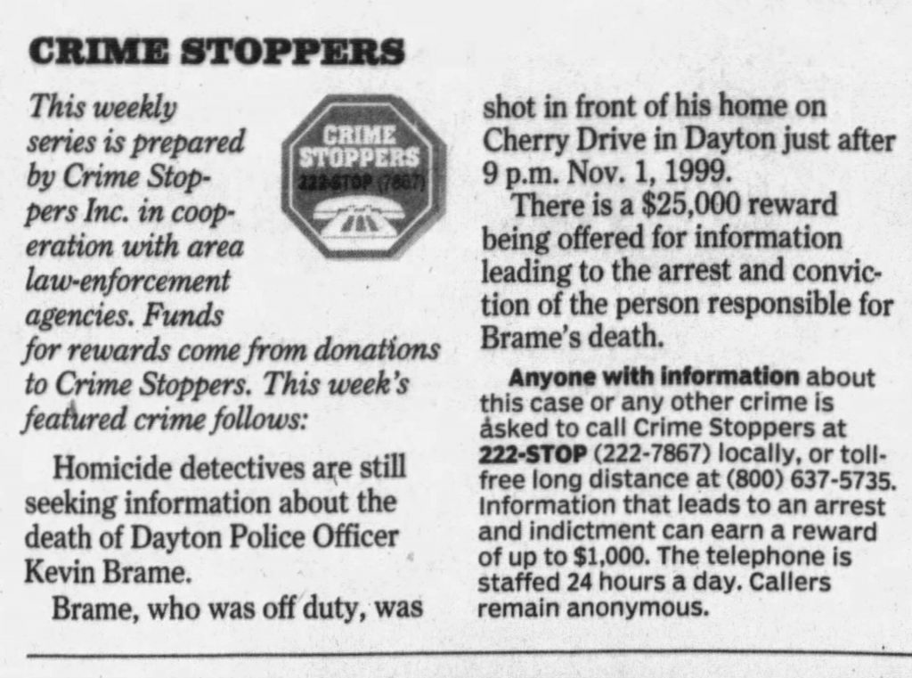 Image of article titled "Crime Stoppers seeking information" from Dayton Daily News
