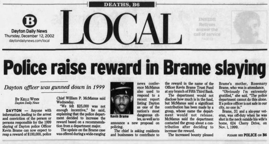Image of article titled "Police raise reward in Brame slaying" from Dayton Daily News