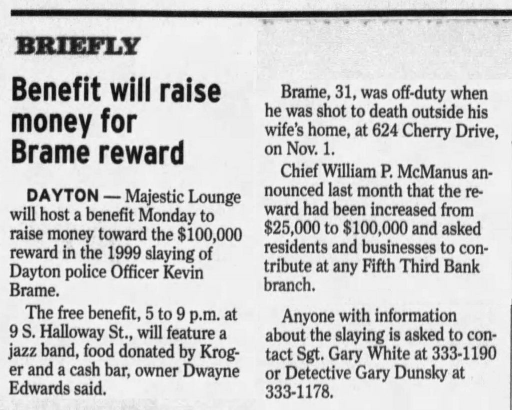 Image of article titled "Benefit will raise money for Brame reward" from Dayton Daily News
