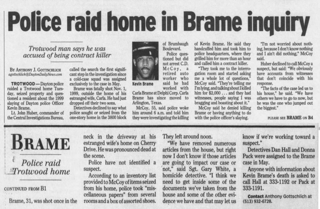 Image of article titled "Police raid home in Brame inquiry" from Dayton Daily News