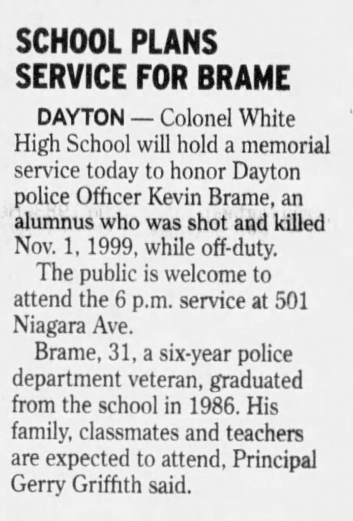 Image of article titled "School plans service for Brame" from Dayton Daily News