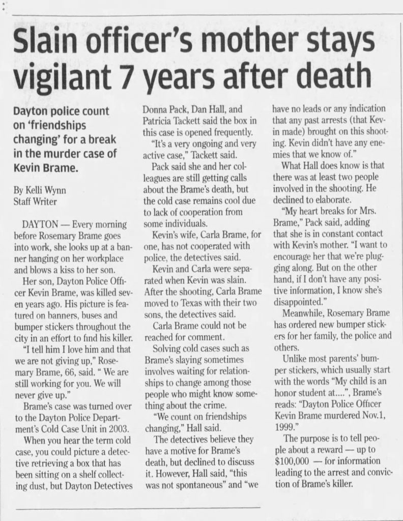 Image of article titled "Murder of officer is now 7 years cold" from Dayton Daily News