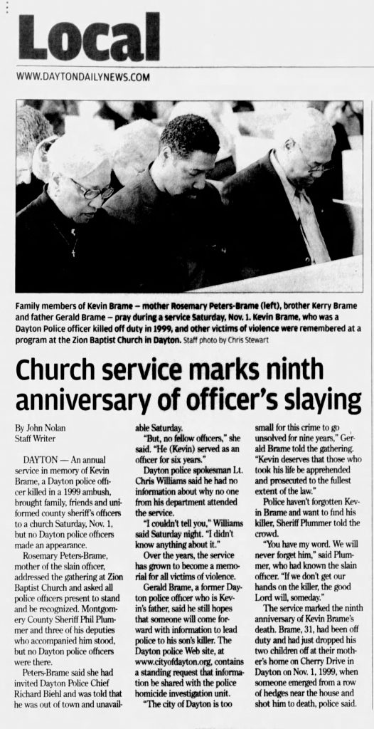 Image of article titled "Church service marks ninth anniversary of officer’s slaying" from Dayton Daily News